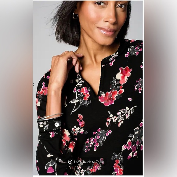 J Jill Floral Black and Pink Women's Top Velvet-Piped Top - Picture 5 of 17